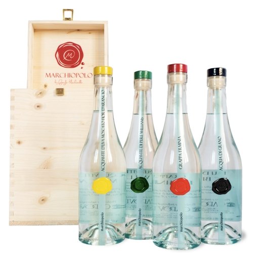 Amarone și Recioto di Soave Grappa "Ermia + Eau de Viè de Biere "Acqua di Grano" + Rachiu de pere Williams + Rachiu de struguri Moscato Fior d'Arancio - Marchiopolo (0,5l - cutie de lemn - 4 sticle)